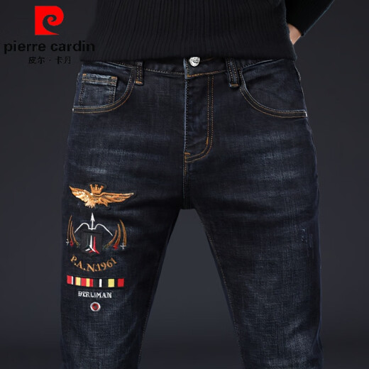 皮尔卡丹（pierre cardin）香港男士针织牛仔裤春秋冬新款时尚刺绣花弹力修身休闲百搭小脚裤 浅灰色6628 30 (2尺3)