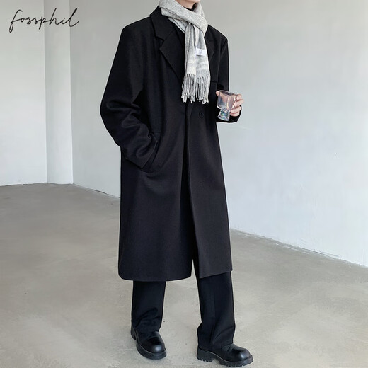 Foss Phil woolen coat men's autumn and winter trendy brand loose black high-end mid-length windbreaker jacket J251 black L