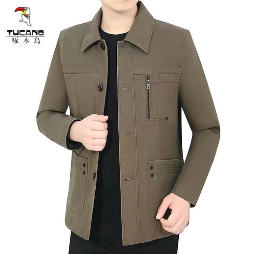 Woodpecker Spring and Autumn New Middle-aged and Elderly Men's Cotton Jacket Loose Casual Middle-aged Lapel Jacket Dad's Clothes Dark Khaki 2XL 185 Codes 130-145Jin Jin is equal to 0.5 kg
