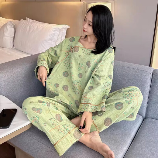 裁雨留虹胖mm睡衣女春秋大码复古中国风碎花棉纱家居服加肥加大200斤 yz16802 4XL  130-180斤