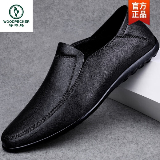 Woodpecker Men's Business Casual Genuine Leather Casual Leather Shoes Soft Leather Soft Sole Slip-On Beanie Shoes Versatile Men's Shoes Black 42
