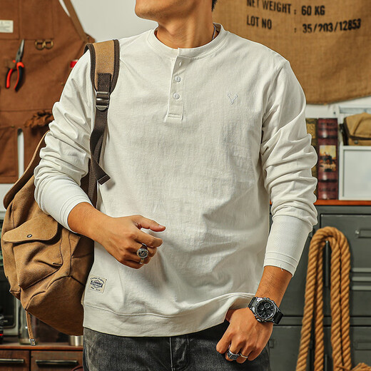 Ji Yan's high-end luxury men's bottoming shirt autumn and winter 2024 new pure cotton Henry collar can be worn outside American retro long-sleeved T-shirt white L