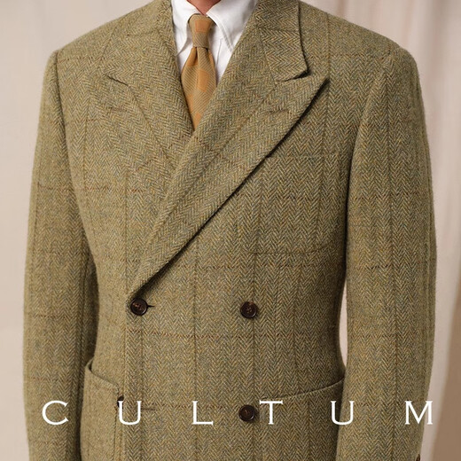CULTUM1930s复古秋冬加厚纯羊毛粗纺毛呢双排戗驳领西服男西装外套 芥绿窗格 3XL (54B)
