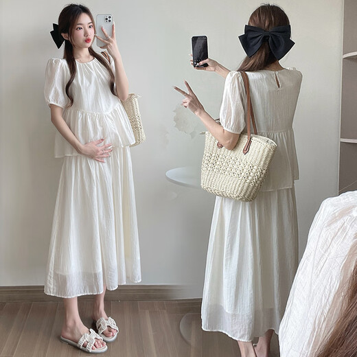 Langyin Maternity Summer Vestido 2025 Nuevo suelto de dos piezas Nuevo estilo chino Cubierta de abarrote blanca Vestido de albaricoque de verano L sugiere 115-130Jin [Jin iguala 0.5 kg]