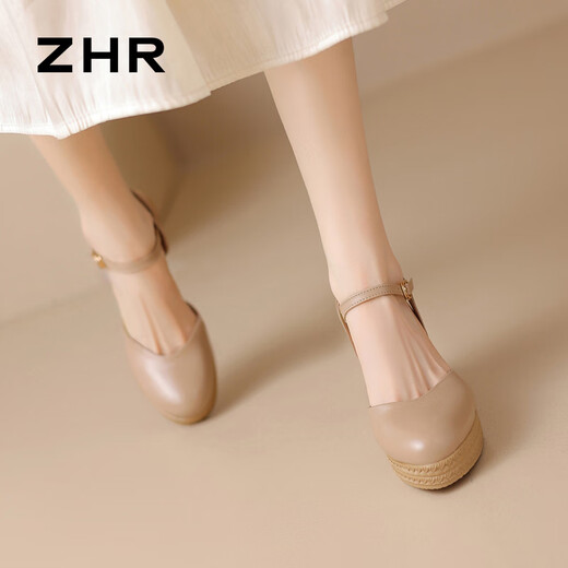 ZHR sandals for women, lightweight cowhide shoes for women, round toe heightening, heeling, women's series S223 nude color 37