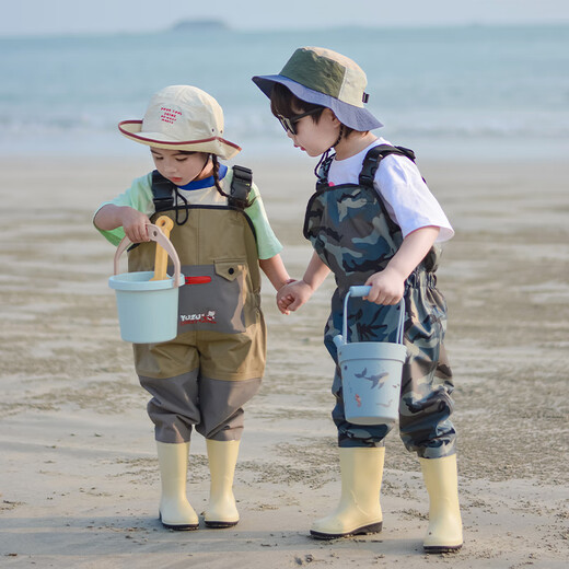 Zhe Wei's sea equipment, children's water play clothes, wading waterproof pants, kindergarten beach fishing suspenders, one-piece rain boots, waders, nylon pocket water play clothes, 10XL, 10XL, size 160, inner length 16 cm