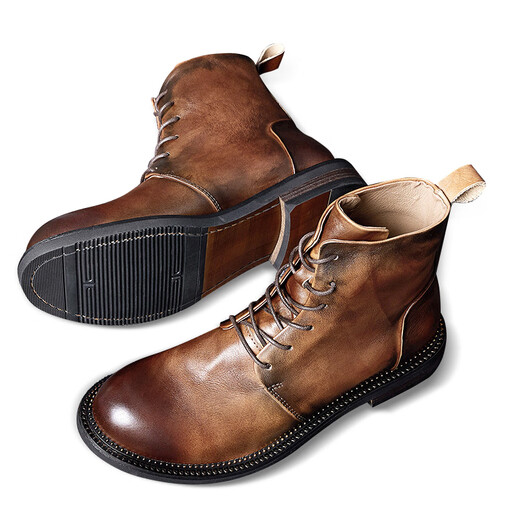 Banbidilun Martin Boots Herrenschuhe Herbst und Winter Neue echte Leder Chelsea Herrenstiefel Herren Retro High Top Motorrad -Motorrad -Kowidstiefel Braun/Single -Layer 41 Standard Lederschuhgröße