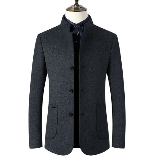 Fazeya恒源祥集团桑蚕丝中山装立领西服男羊毛呢外套修身商务休闲爸爸装 黑色（三颗扣） XL (180) （建议140-160斤）