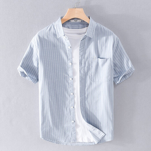 Gosejue Sommer lässiger kurzärmelige Streifenhemd Herrenlose Hemd Neue Männer literarische Hemd-Basis-Hemd 9740 Black M