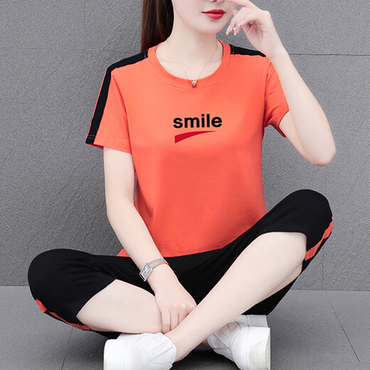 NY-EMMA运动套装女短袖夏季棉质休闲时尚中年洋气减龄广场舞跑步服两件套 689卡其（七分裤套装） XL(建议110-125斤)