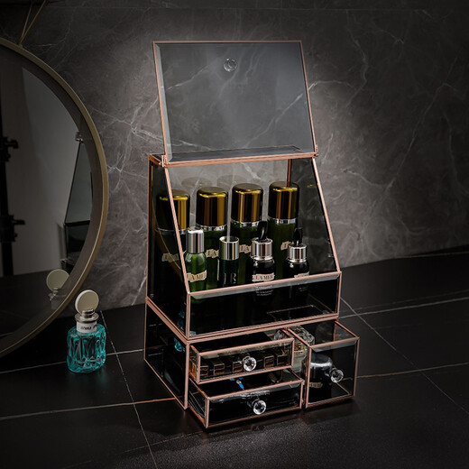 KAMAN Glass Cosmetics Storage Box Light Luxury Dustproof Desktop Dressing Table Skin Care Product Storage Rack 520 Gift for Wife Gilt Set of Two Dustproof Top + Three Drawers