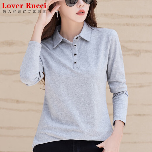 
LOVER RUCCI pure cotton lapel long sleeve T-shirt for women loose 2025 autumn new style top POLO collar t-shirt shirt 9853 green 2XL recommended 125 to 135 Jin [Jin equals 0.5 kg]