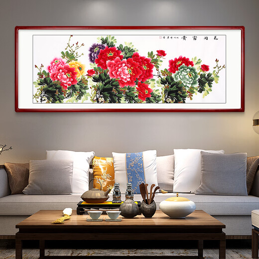 Yantang pure hand-painted Chinese painting peony wealth blooming calligraphy and painting living room decoration painting bedroom bedside sofa background wall ink painting flower blooming wealth A type solid wood frame + plexiglass 125*65 cm