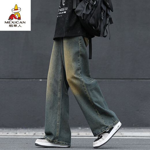Vogelscheuche (mexikanische) Herrenwaschungsjeans für Jungen gerade locker 2024 neue drapierte Weitbeinhosen für Männer Winter plus Samt 1047 Nostalgische Farbe s