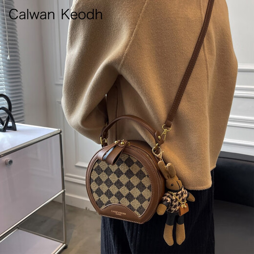 CALWAN KEODH包包女包新款2025单肩斜挎包小圆包轻奢生日七夕情人节礼物送女友 【菱格咖色】时尚通勤手提包送老婆高级实用