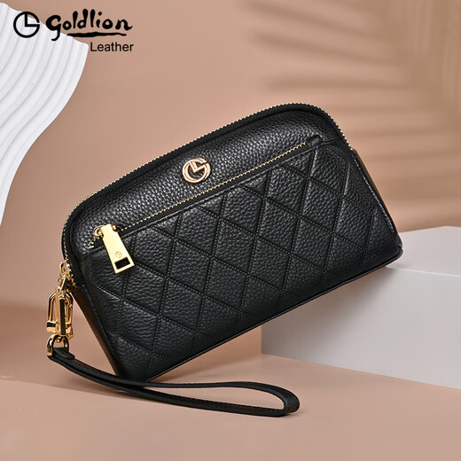Goldlion Women's Bag Genuine Leather 2025 Summer New Fashion Clutch Zipper Large Capacity Coin Purse Mobile Phone Bag Women's Wallet Black
