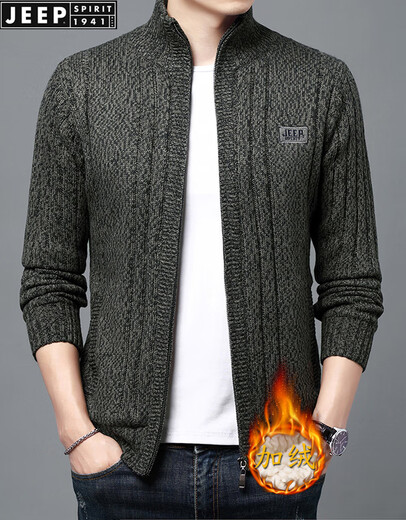 
JEEP SPIRIT knitted sweater men's autumn and winter style plus velvet thickened long-sleeved cardigan jacket casual sweater large size sweater men's winter dark gray L