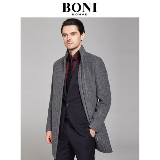 BONI/堡尼毛呢大衣男中长款秋冬商务立领羊毛大衣外套男BE883341B 专柜同款 灰色 165
