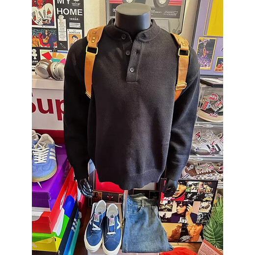 Qumile black henley collar sweater for men in spring American retro high-end knitted sweater cleanfit inner layering shirt for men light gray XL