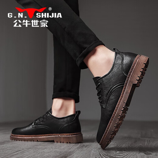 Bull Family Men's Zapatos de cuero casual de cuero de estilo británico Zapatos formales de encaje negro de encaje negro 43