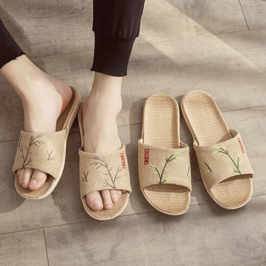 熠牧夏季中国风亚麻拖鞋男女居家情侣防滑软底家用地板绣花麻布凉拖鞋 女款梅花红 37-38 (250mm) 女款