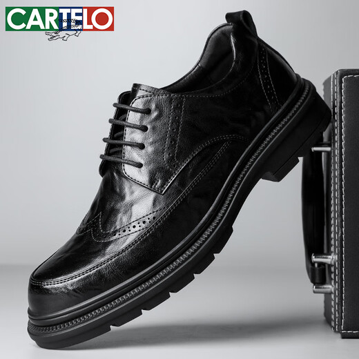 卡帝乐鳄鱼（CARTELO）布洛克男士皮鞋牛皮男鞋增高厚底正装鞋皮鞋男9859 黑色增高款 41