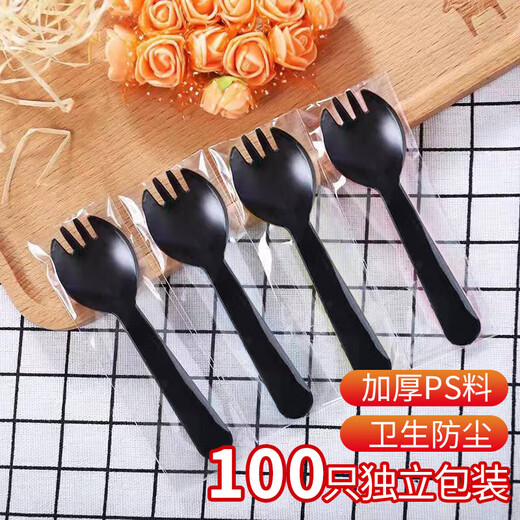Pick-up disposable forks and spoons, 100 pieces, individually packaged frosted fruit cake dessert spoons, thickened plastic spoons