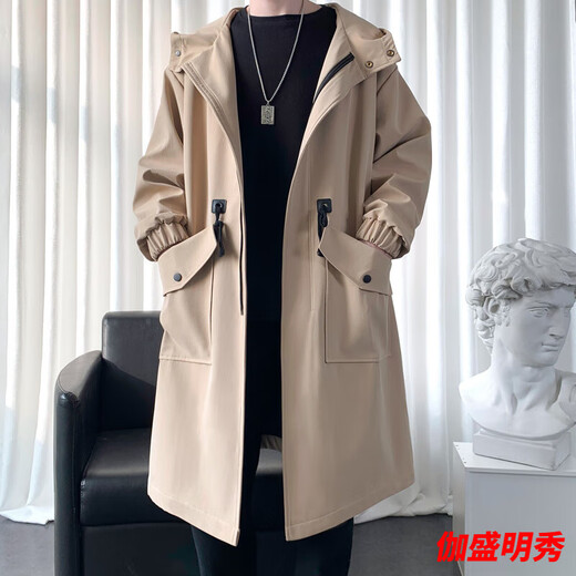 Mouth-turn men's windbreaker jacket men's spring and autumn mid-length coat 2024 new spring long casual large size men's clothing black 2XL 170-190Jin Jin equals 0.5 kg