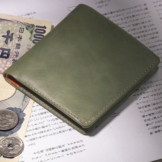 HANATORA花虎钱包男士真皮钱夹高端手工短款超薄皮夹包纯色油蜡男奢侈礼物 绿+橙