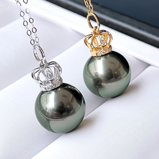 Muqin black and white gold pearl Tahitian black pearl pendant 18K gold crown seawater black bead necklace single women's gift