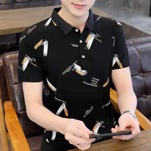 Simple direction striped short-sleeved T-shirt men with a neckline Korean version slim lapel Korean version top collar 5012 black 5002# white One size 2xl Recommended 135-150Jin [Jin equals 0.5 kg]