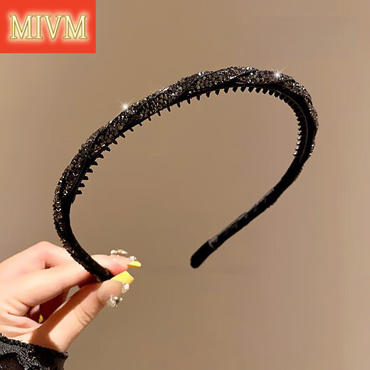 MIVM black rhinestone hair hoop, fine style pressed hair wash hair clip, fashionable temperament broken hair clip, forehead hair bundle clip headband for women, black rhinestone wrapped hair hoop