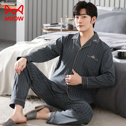 Cat Man (Miiow) Men's Pure. Pajamas de algodón Spring de manga larga y otoño de cárdigan de gran tamaño se puede usar en el exterior para ropa para hombres MZ-3523 3XL180-200JIN [Jin iguala 0.5 kg]]]