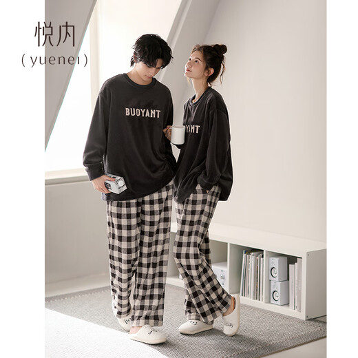 Yuenei Couple Pajamas Women's Autumn and Winter Coral Velvet Thick Velvet Warm Home Clothes Men's Plaid Warm Suit 34116 Casual Blue Men's 3XL (Male 180-200 Jin Jin equals 0.5 kg / Female 160-180 Jin Jin equals 0.5 kg)