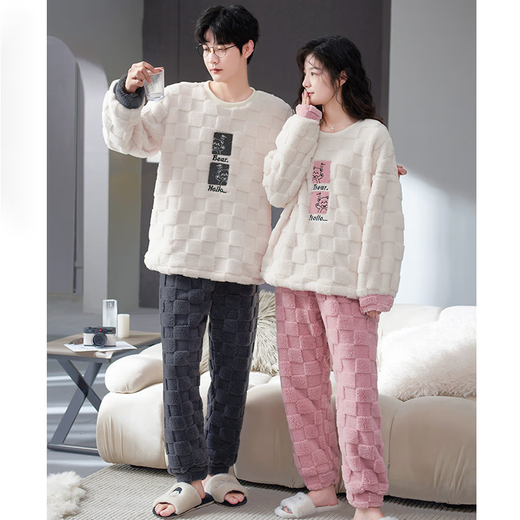 Modal Couple Pajamas Winter Autumn and Winter Coral Velvet Men's and Women's Plus Velvet Thickened Flannel Sweet Home Clothes Winter Main Picture Model ZX 7803 Apricot Bear Couple Flannel L Male + Female M