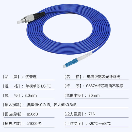 优普连 电信级铠装单模光纤跳线sc转sc-LC-FC-ST钢圈铠甲线 工程专用尾纤延长线防鼠咬阻燃 铠装单模单芯LC-FC 3米