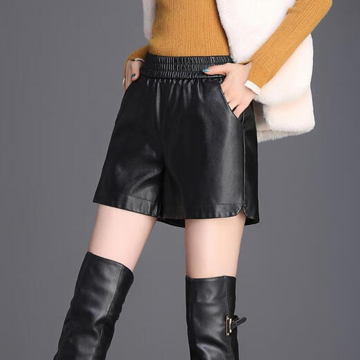 Sheng Saixi Leather Shorts Autumn and Winter New High Waist Women's Slim Fit Loose A-Line Wide Leg Pants Boot Pants PU Leather Pants Black M 95-110Jin Jin is equal to 0.5 kg