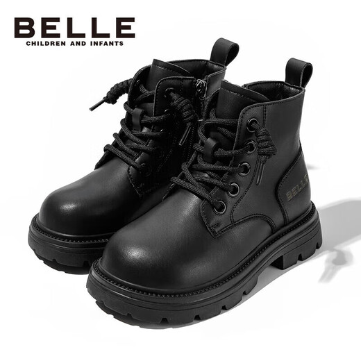 Belle children's shoes winter children's boots girls fashion leather boots baby warm plus fleece Martin boots black size 34