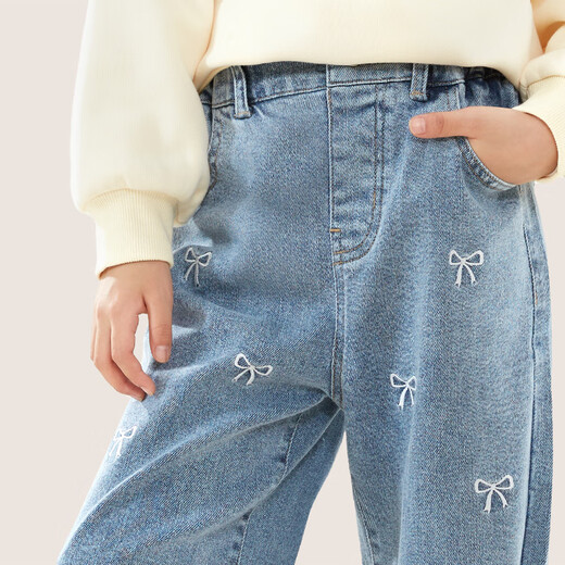 Domeowu Girls' Denim Flare Pants 25 New Autumn and Winter Children's Pants Medium and Large Children's Stretch Pants Bow Mid Blue 140