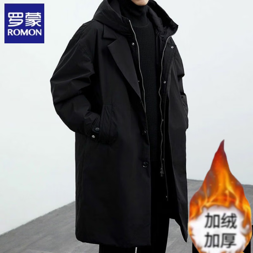 ROMON (ROMON) 2025 autumn and winter new men's green coat men's jacket fake two-piece hooded mid-length windbreaker parka overcomes trend classic black [Spring and autumn/Parke coat/German style/Big 4XL Recommended 180-200Jin [Jin equals 0.5 kg]