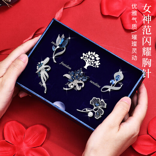 Ancient brooch, high-end women's exquisite niche corsage gift box, light luxury and elegant pin, silk scarf buckle birthday gift for women, practical bouquet fashion brooch 5-piece set-gift box
