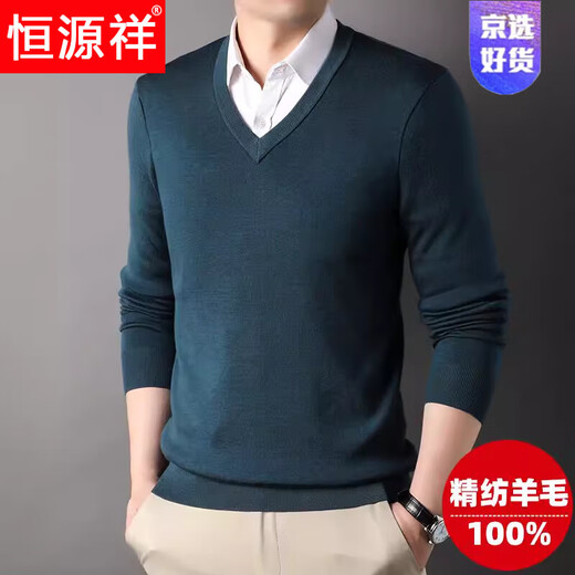 Hengyuanxiang light luxury high-end worsted woolen sweater for men pure wool winter thickened V-neck middle-aged men's pullover sweater machine washable black L/175 suitable for 120-140Jin Jin equals 0.5 kg