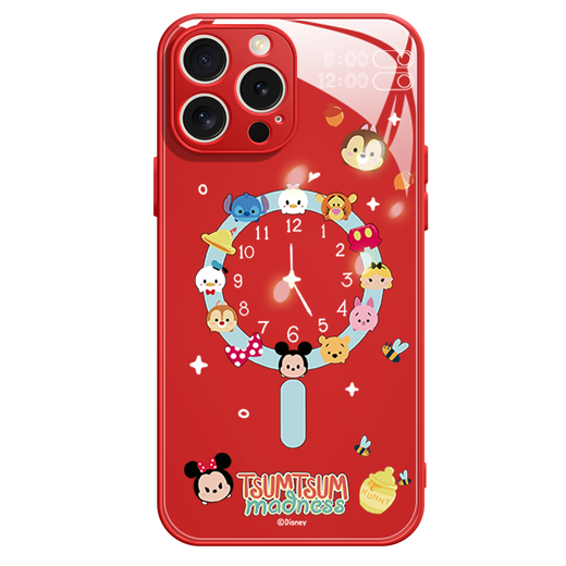 迪士尼（Disney）新款创意时钟迪士尼家族苹果磁吸手机壳钢化玻璃硬壳硅胶软边可MagSafe无线充可爱卡通适用男女款 【磁吸玻璃中国红】米妮-ABL694Y iPhone15ProMax