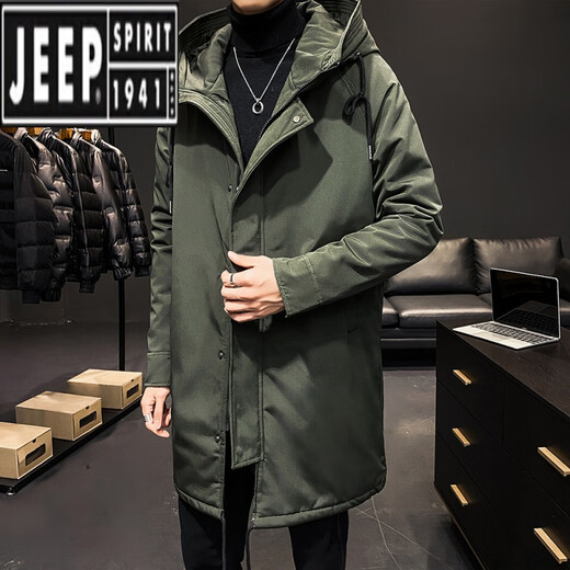 Jeep (JEEP) autumn and winter men's mid-length windbreaker men's thickened parka coat plus cotton hooded loose two-cotton jacket trend Military green S loose fit is large
