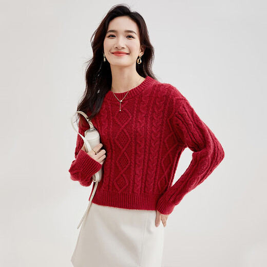 Shandubila Winter Retro Diamond Twist Sweater Women's Small Round Neck Versatile New Year's Red Sweater Red M