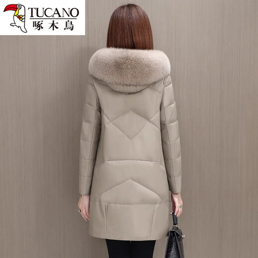 
Woodpecker 2024 new Haining leather down jacket Jurgent leather medium-length sheepskin fur jacket plus velvet thickened apricot color M [suggested Jin[Jin equals 0.5 kg]]