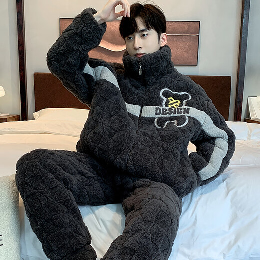 Langsha winter men's cotton pajamas coral velvet three-layer thickened warm home clothes for winter students can be worn outside students LMMQ9923 XL code 170-175CM/135-155Jin[Jin equals 0.5 kg]