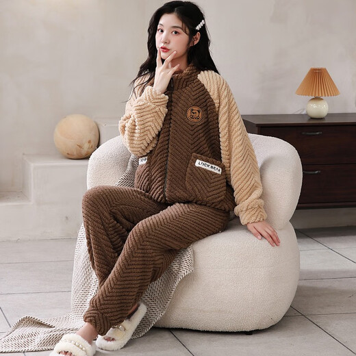 取纯睡衣女秋冬季法兰绒加绒加厚珊瑚绒甜美可爱冬天女圆领家居服套装 9712可可棕 M:适合穿着体重80斤-100斤