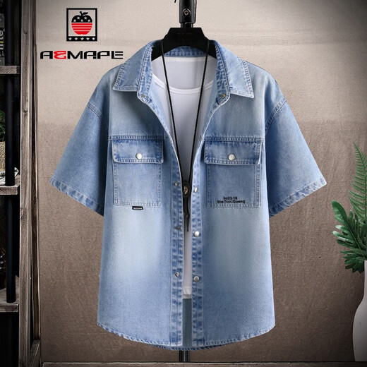 AEMAPE American retro short-sleeved shirt for men 2024 new summer thin fashion wash old denim shirt jacket T698 black 2XL (about 150~170Jin [Jin equals 0.5 kg] can be worn)