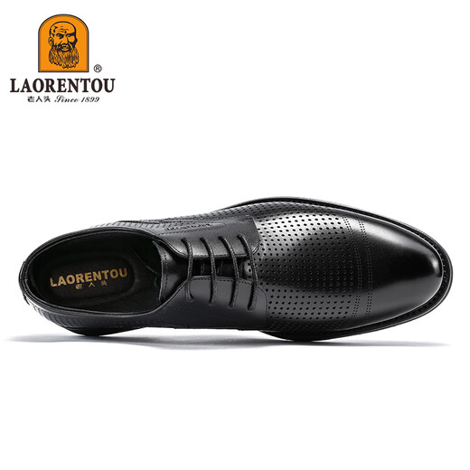 Old man's head (LAORENTOU) leather shoes for men's business formal wear toe-layer leather punched shoes breathable and slip-resistant hollow shoes LL12023 black 38